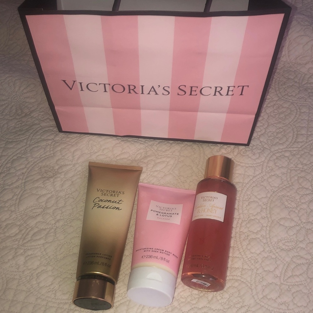 Victoria's Secret Pink Striped Bag with Pink and Gold Body Care Trio